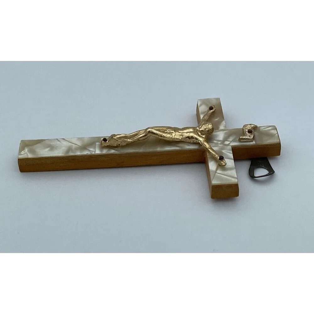 Beautiful Vintage Wood Crucifix with Mother Of Pearl - God Bless
